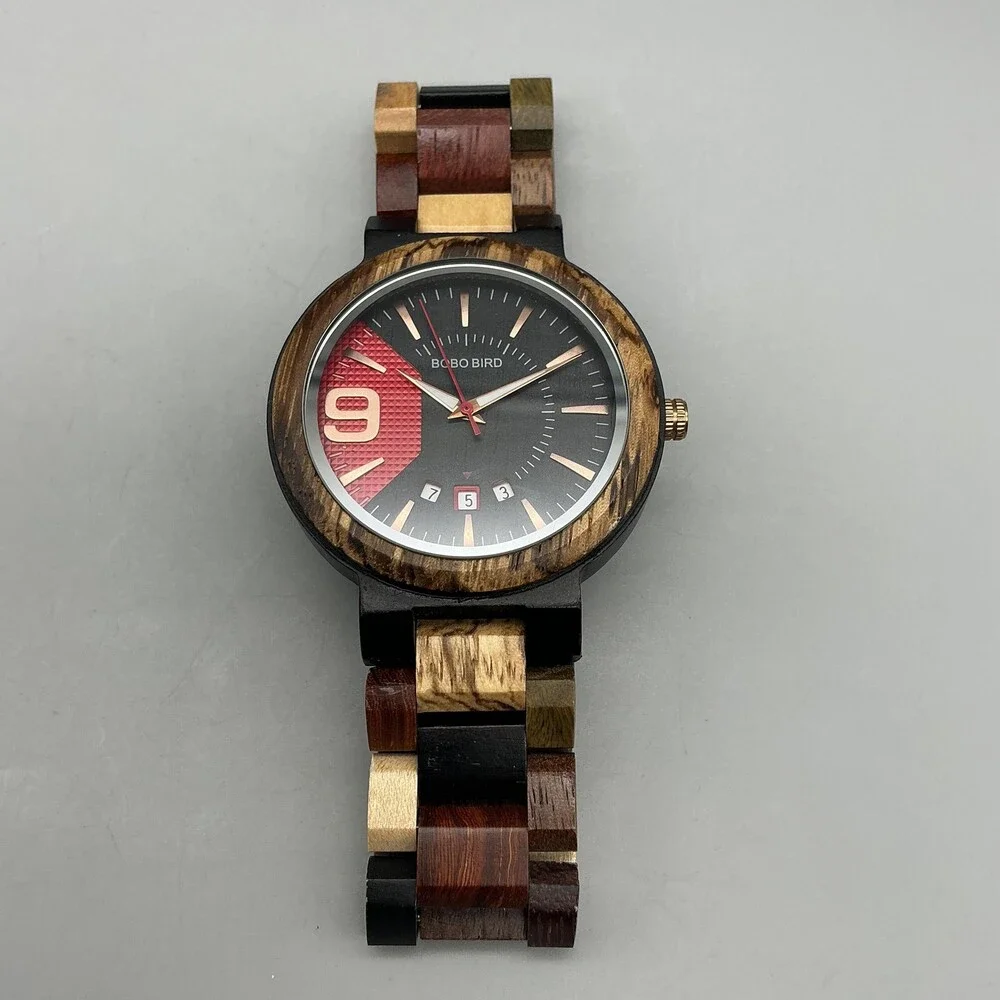 Bobo Bird Mens Watch 46mm Black Red Dial Wood Stainless Date New Battery 8